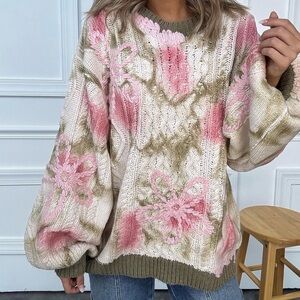 POL Floral cable Knit heavy weight Sweater - Pink and Green NEW Small & Medium